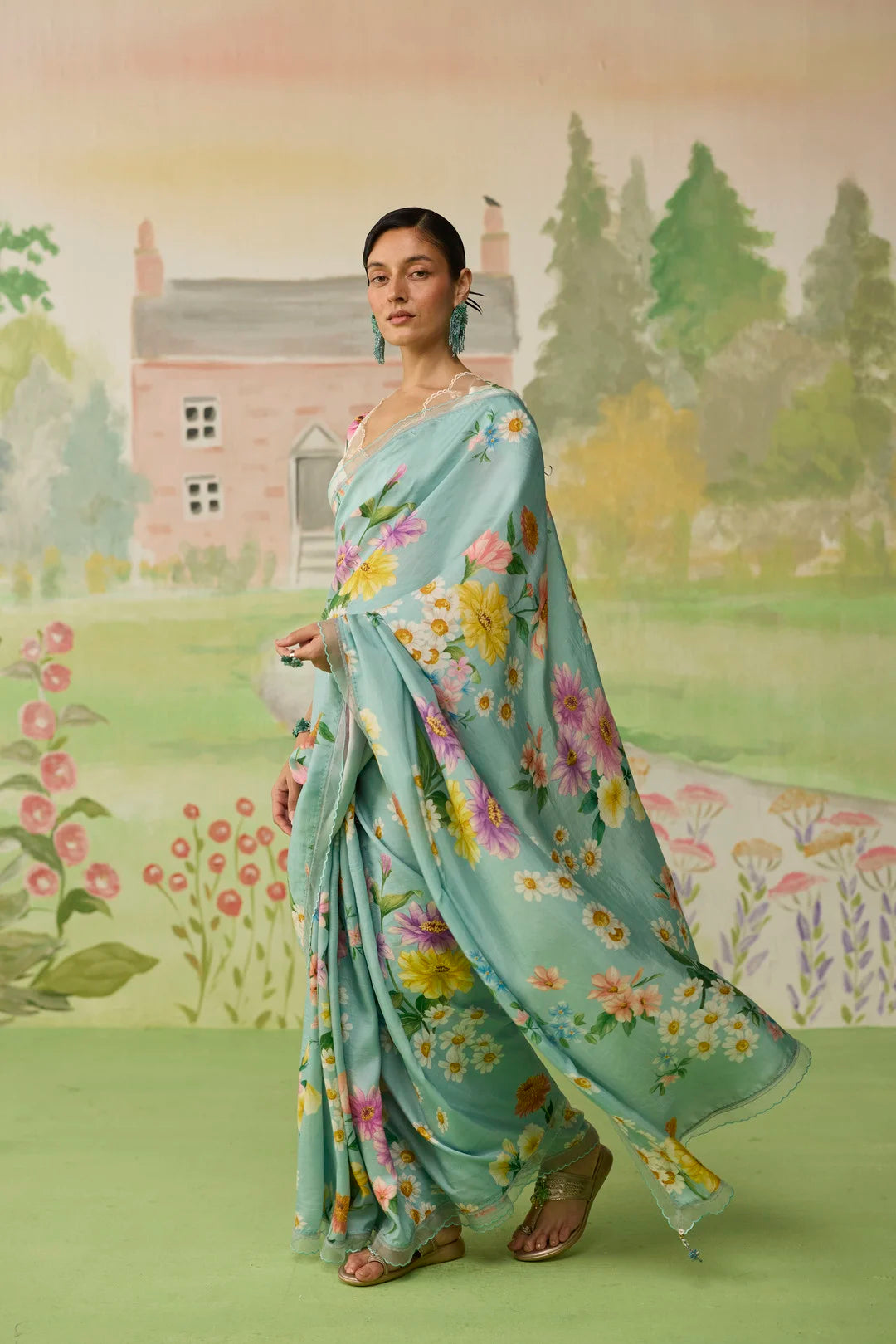 Aqua Daisy Mulberry Silk Sari