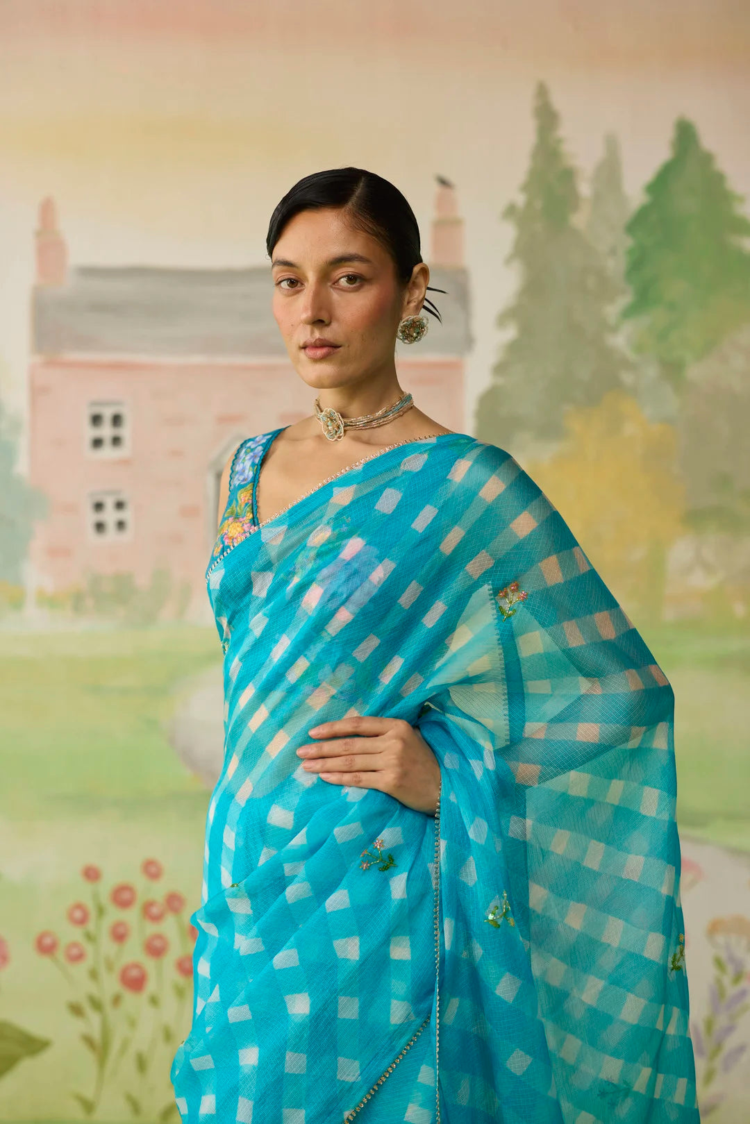 Trellis Blue Kota Doria Silk Lehriya Mothra Sari
