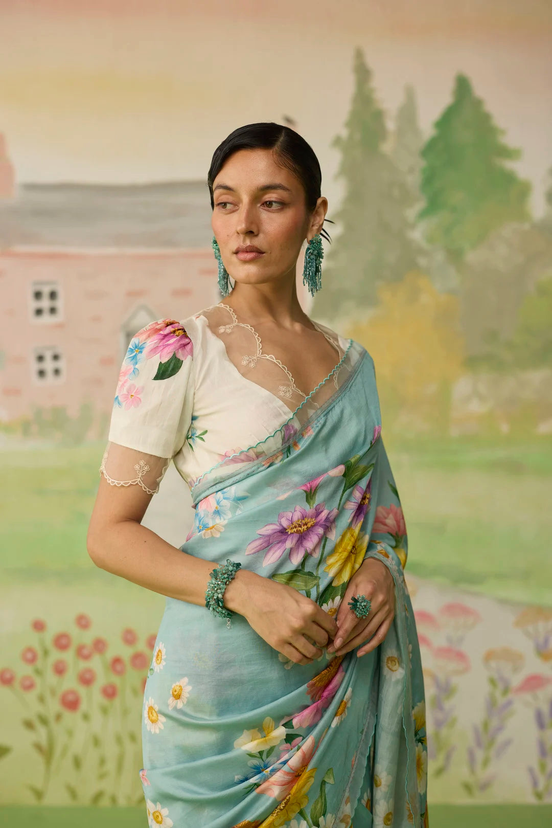 Aqua Daisy Mulberry Silk Sari