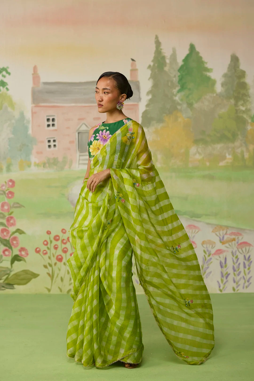 Trellis Green Kota Doria Silk Lehriya Mothra Sari