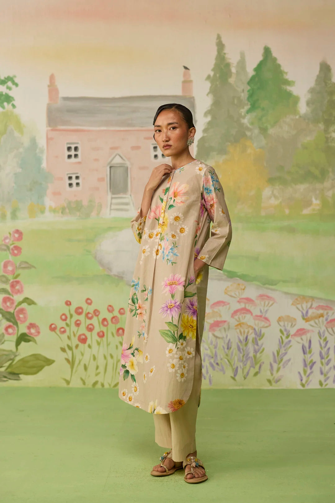 Sand Brown Daisy Long Kurta Set