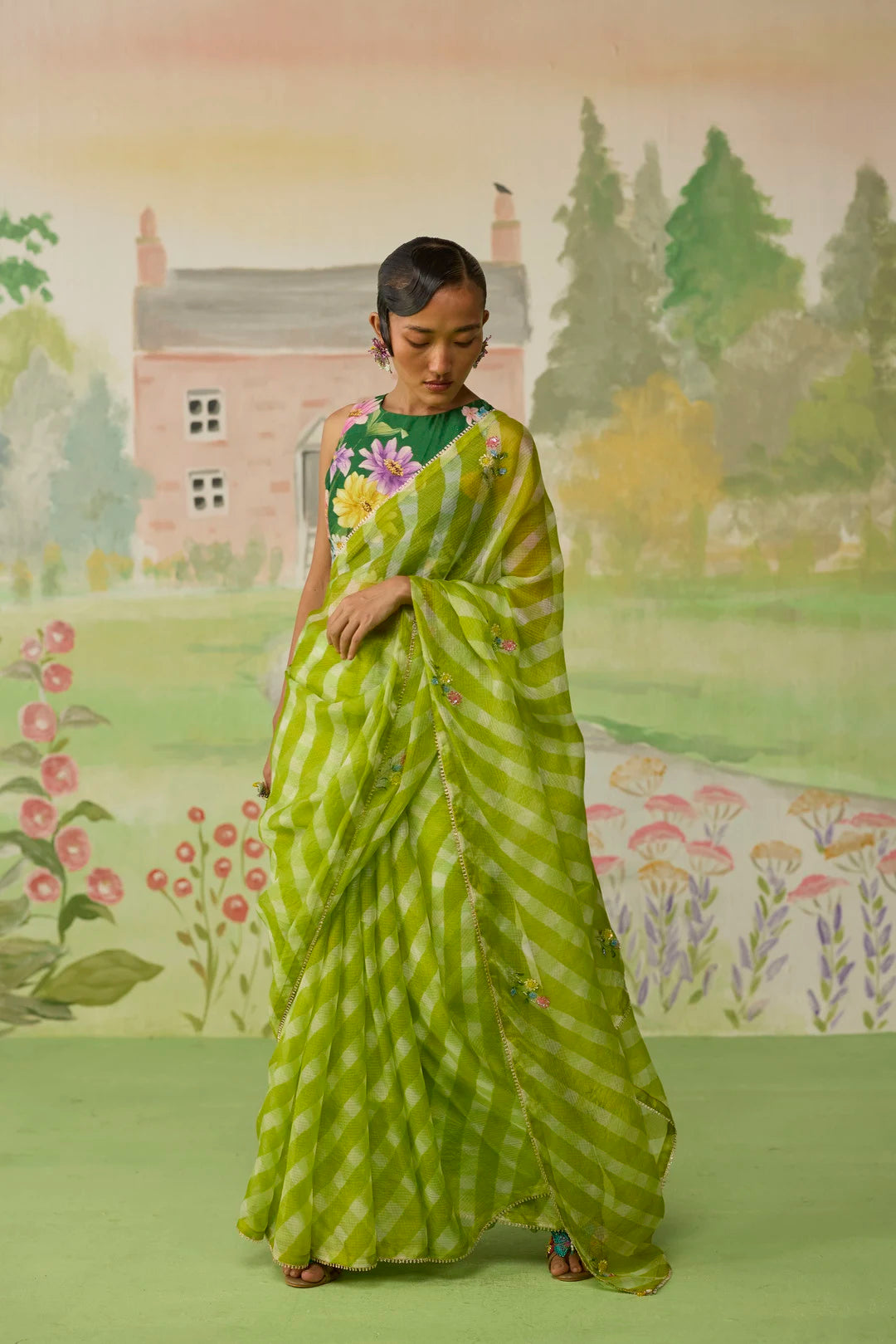 Trellis Green Kota Doria Silk Lehriya Mothra Sari