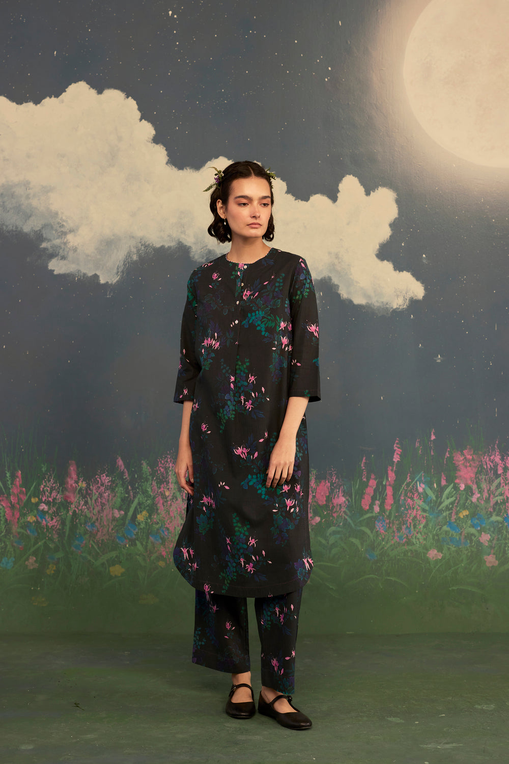 Fuchsia Long Kurta Set Cotton