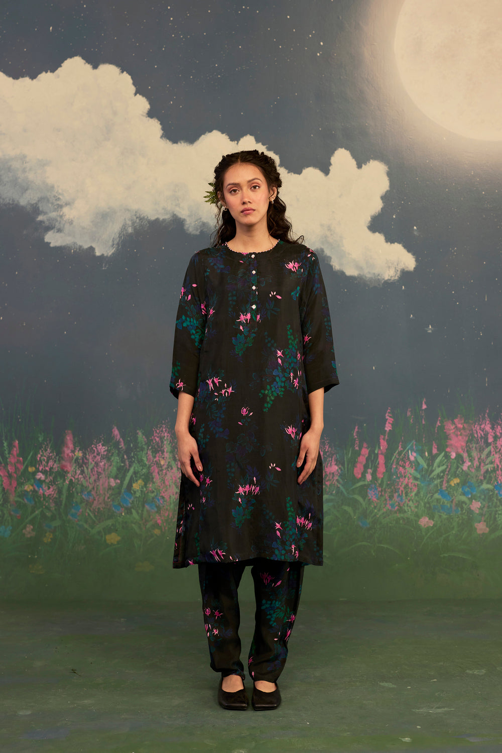 Fuchsia Panelled Mid Kurta Set Bamboo Silk