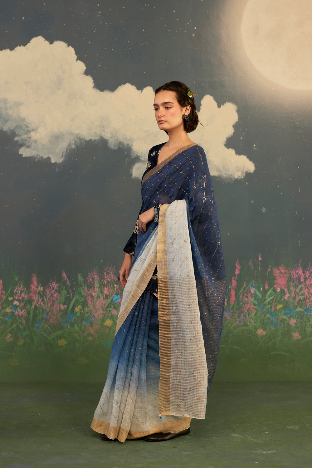 Midnight Ombre Linen Sari with Gold Dots
