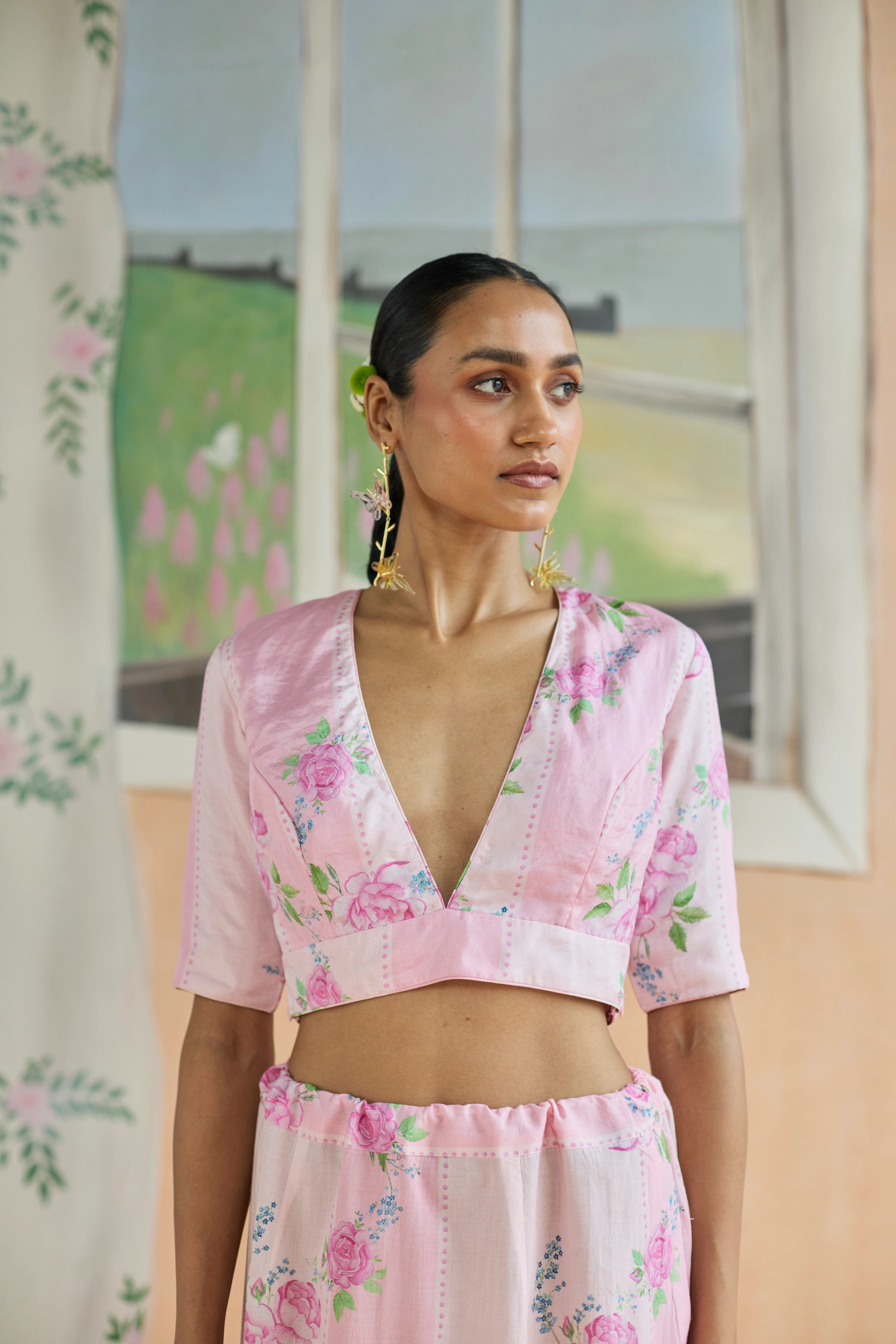 Rose Haze Deep-V Blouse with sleeves