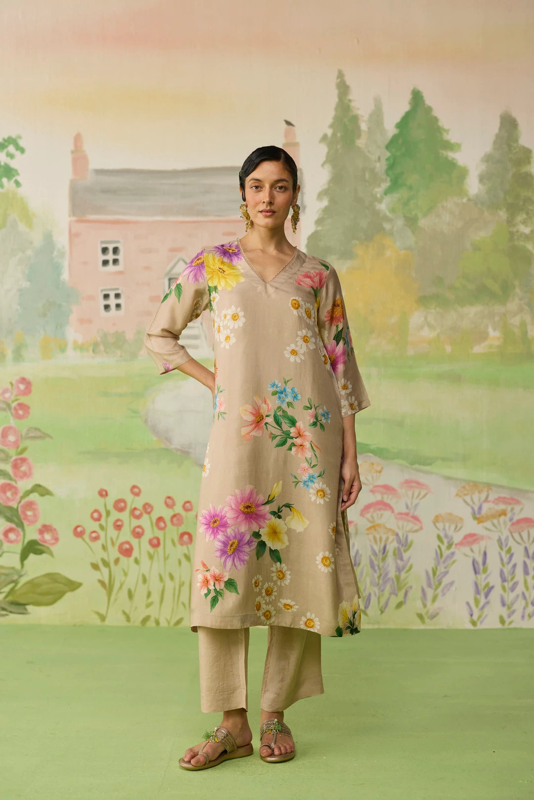 Sand Brown Daisy Long Kurta Set Muberry Silk