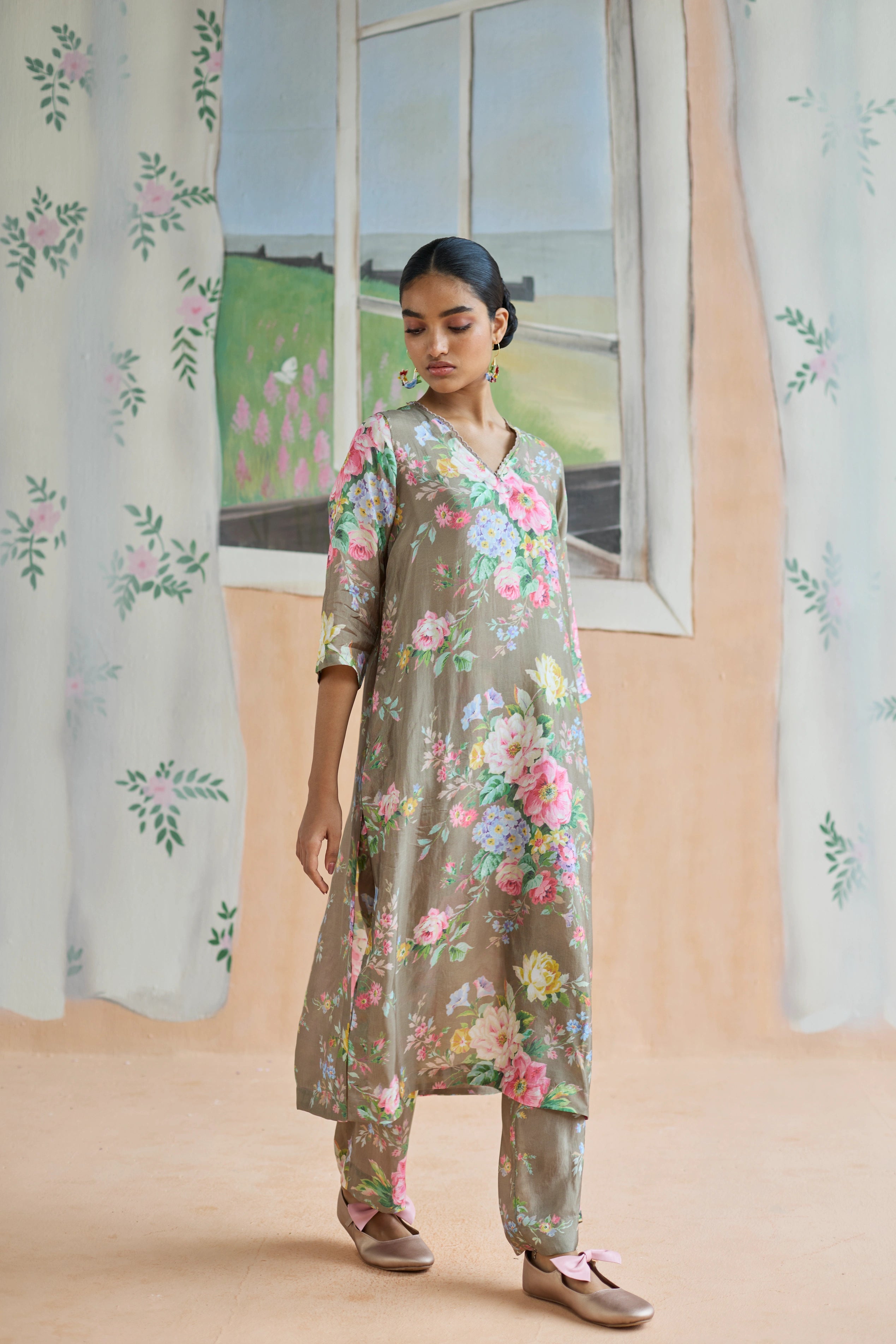 Mocha Long Kurta Set Bamboo Silk