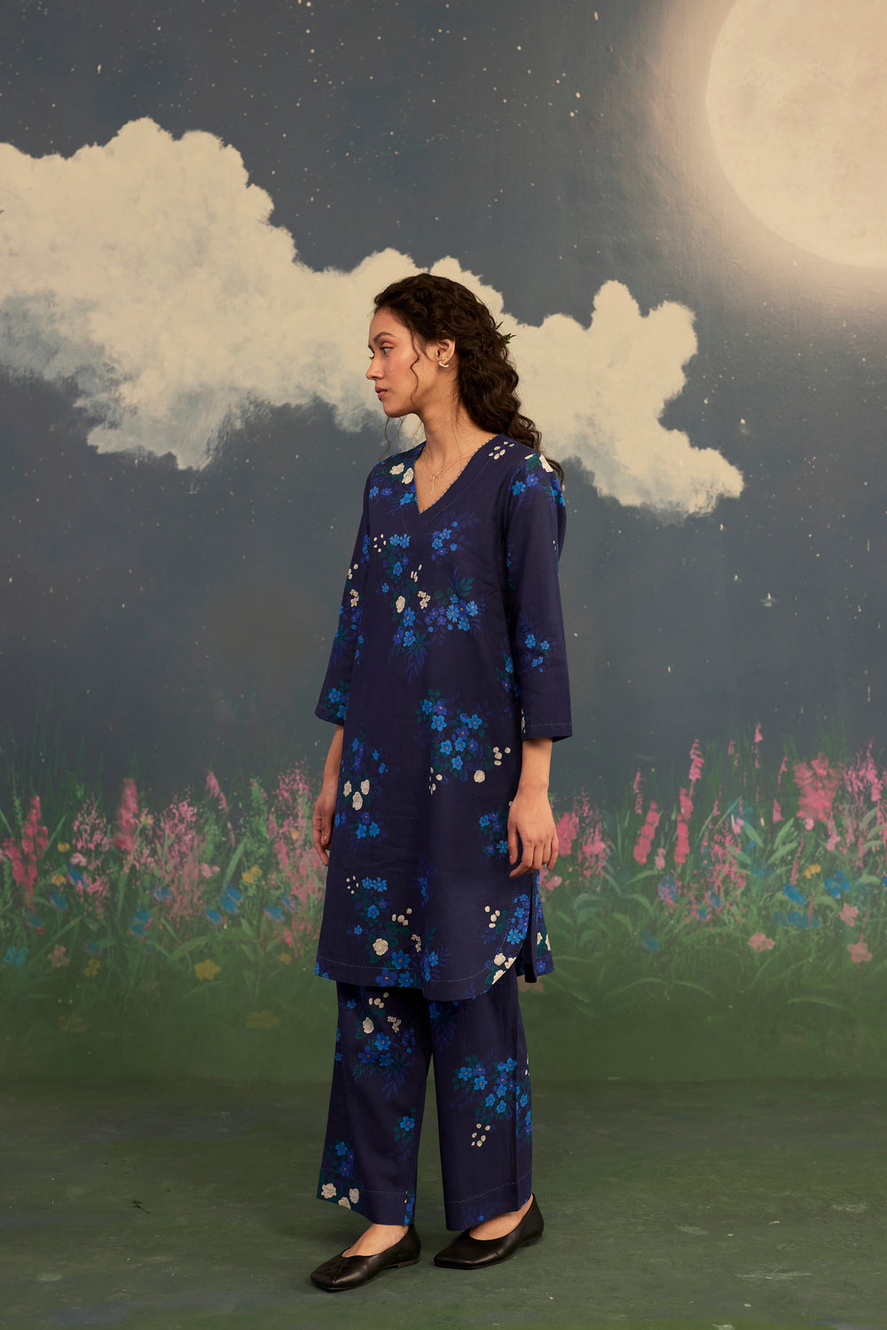 Blue Morning Glory Short Kurta Set V Neck Cotton