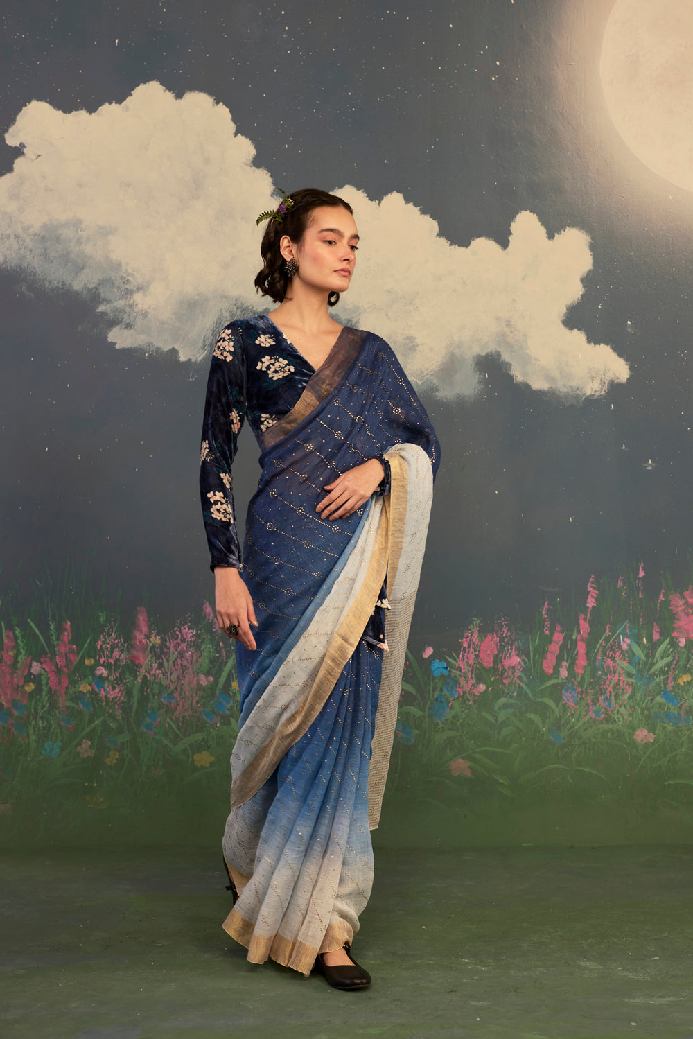 Midnight Ombre Linen Sari with Gold Dots