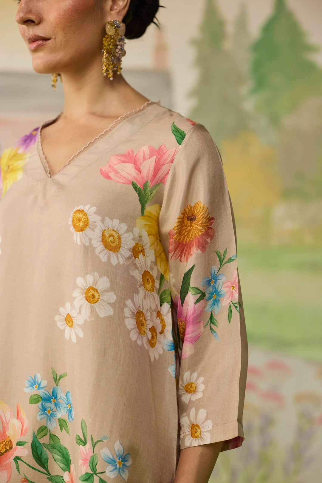 Sand Brown Daisy Long Kurta Set Muberry Silk