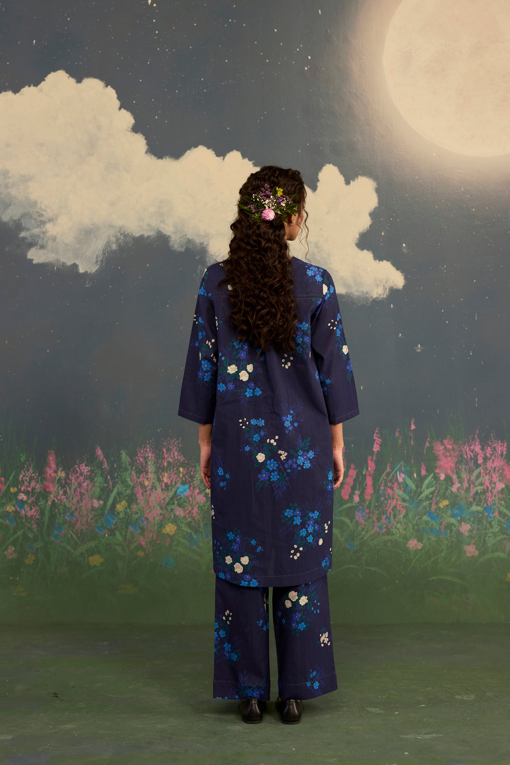 Blue Morning Glory Short Kurta Set V Neck Cotton