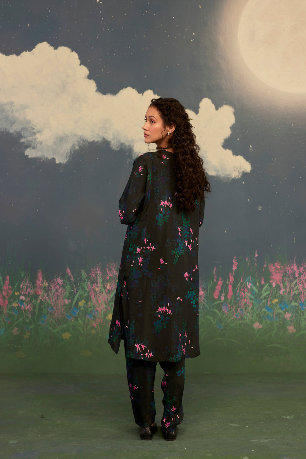 Fuchsia Panelled Mid Kurta Set Bamboo Silk