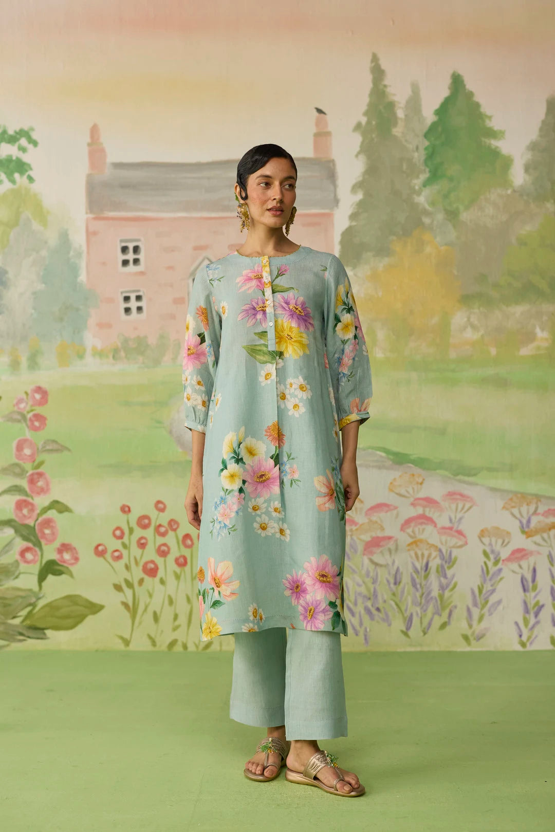 Aqua Daisy Long Kurta Set Linen