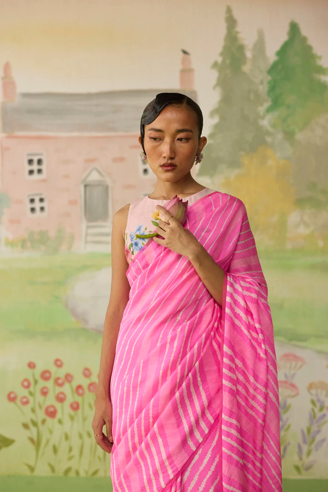 Blush Habutai Silk Lehriya Mothra Sari