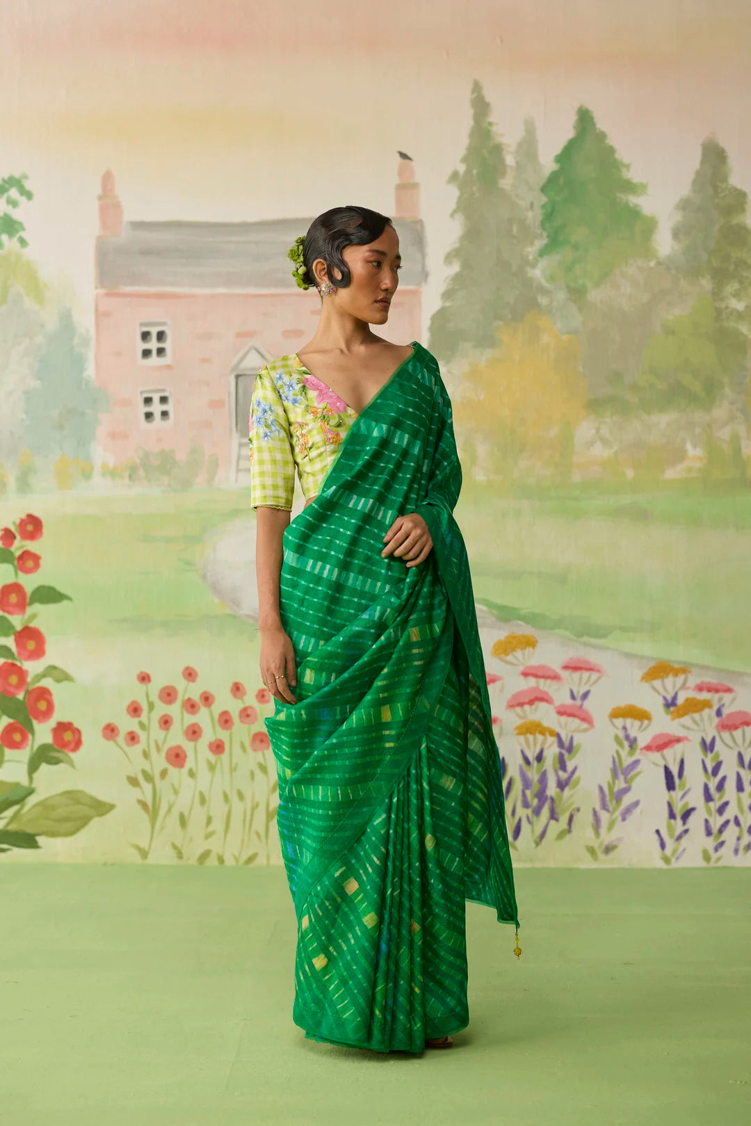 Fern Song Tussar Silk Lehriiya Mothra Sari
