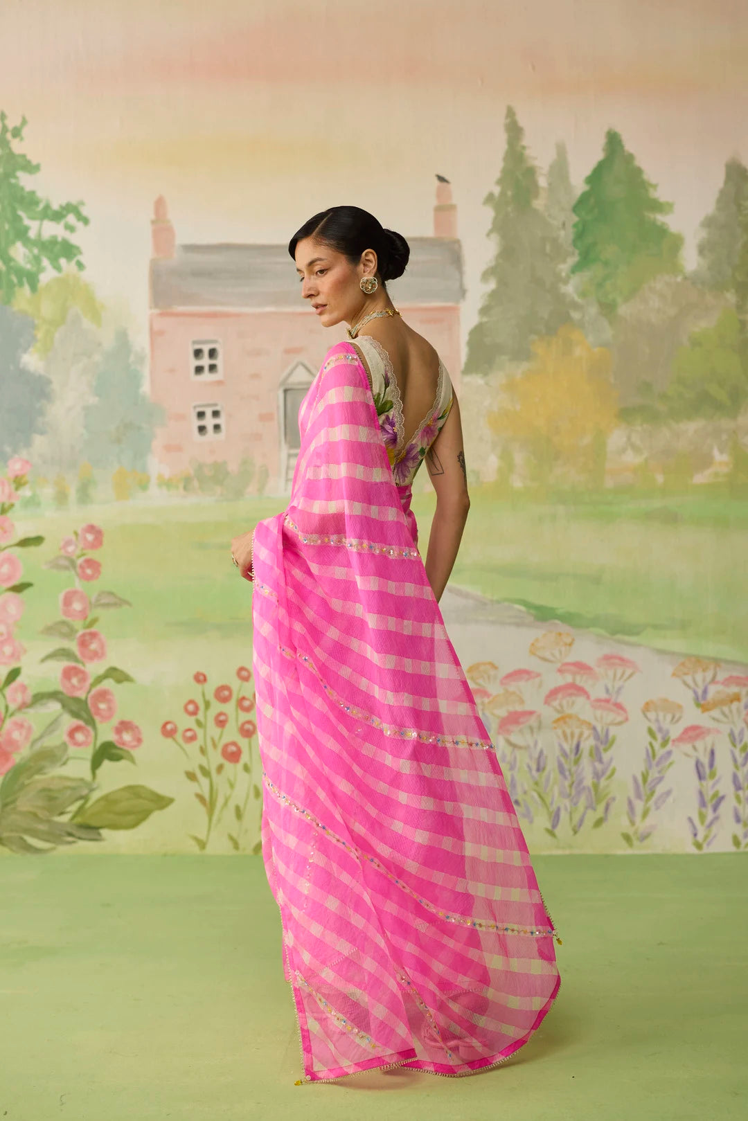 Trellis Pink Kota Doria Silk Lehriya Mothra Sari