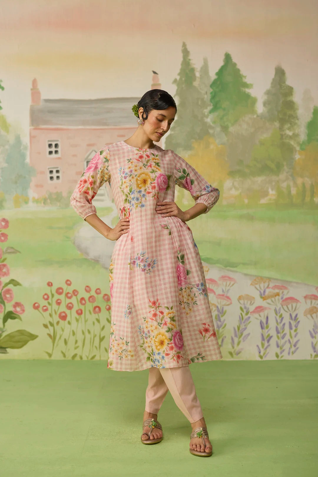 Golden Hour Pink Long Kurta Set Khadi Silk