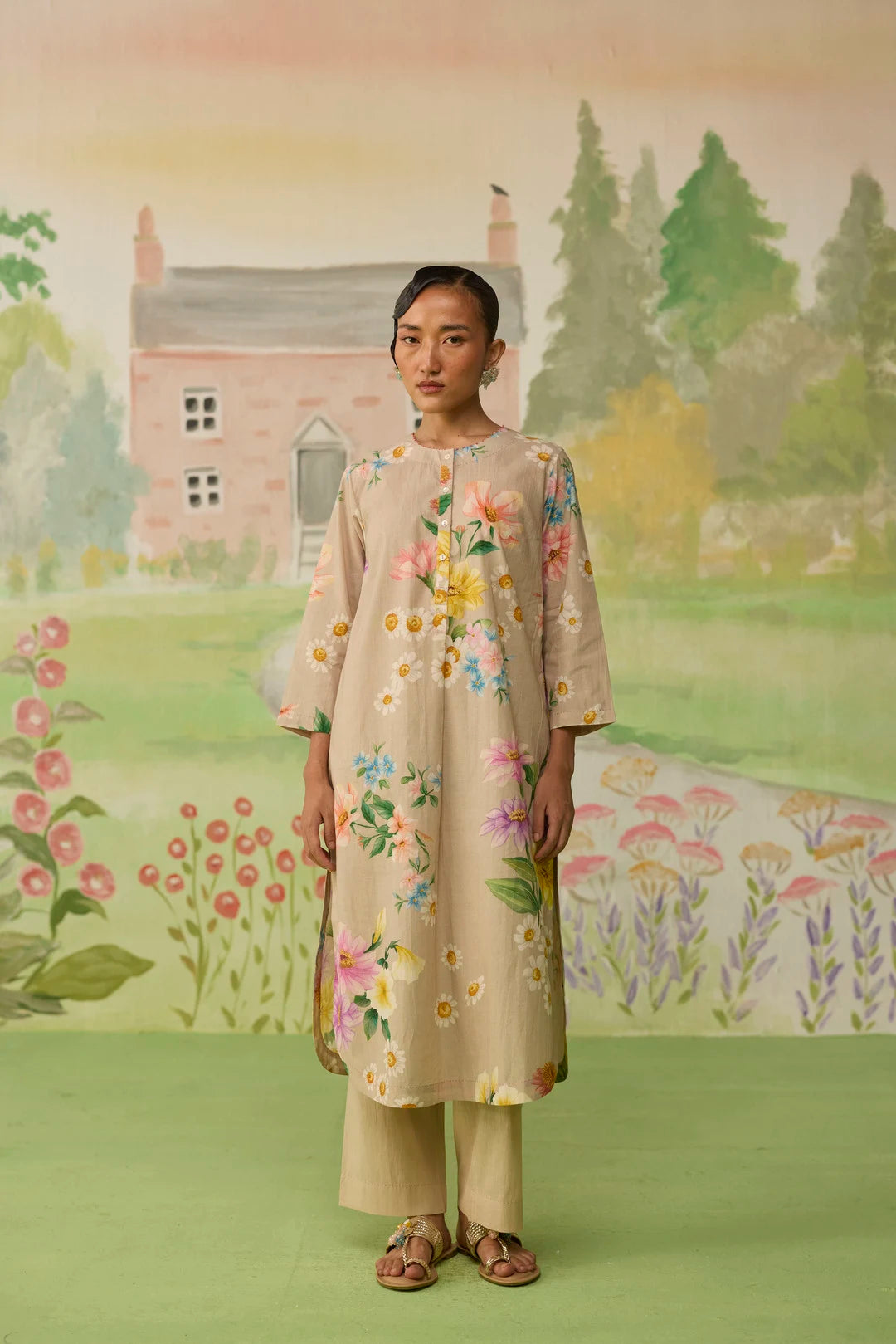 Sand Brown Daisy Long Kurta Set