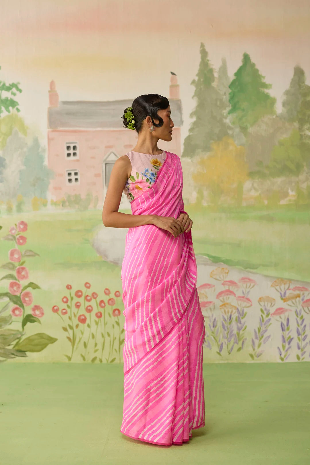 Blush Habutai Silk Lehriya Mothra Sari