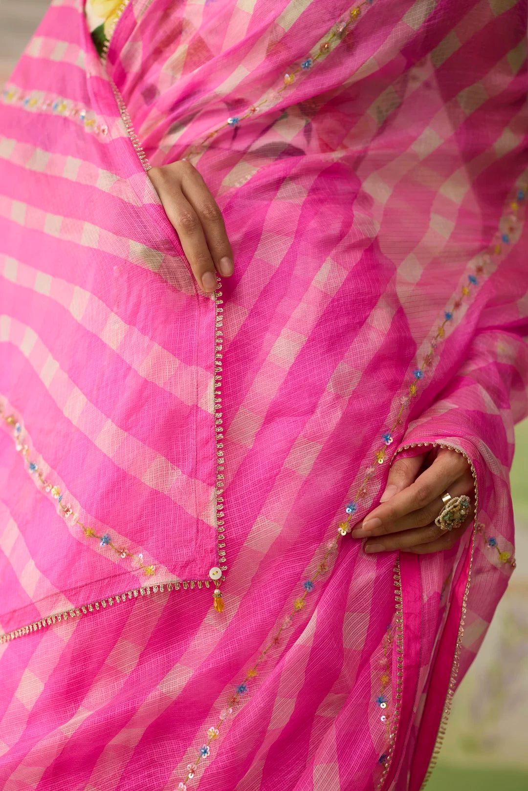 Trellis Pink Kota Doria Silk Lehriya Mothra Sari
