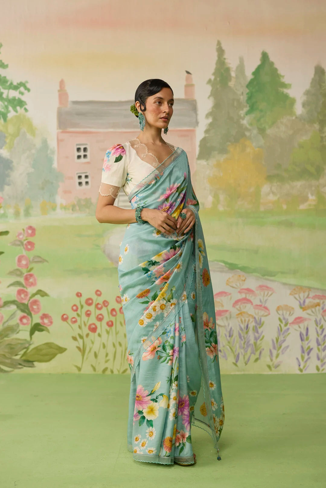 Aqua Daisy Mulberry Silk Sari