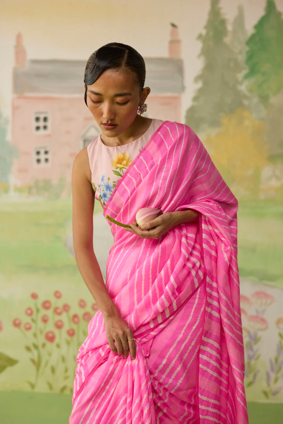 Blush Habutai Silk Lehriya Mothra Sari