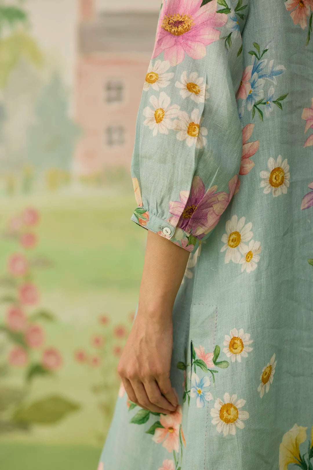 Aqua Daisy Long Kurta Set Linen