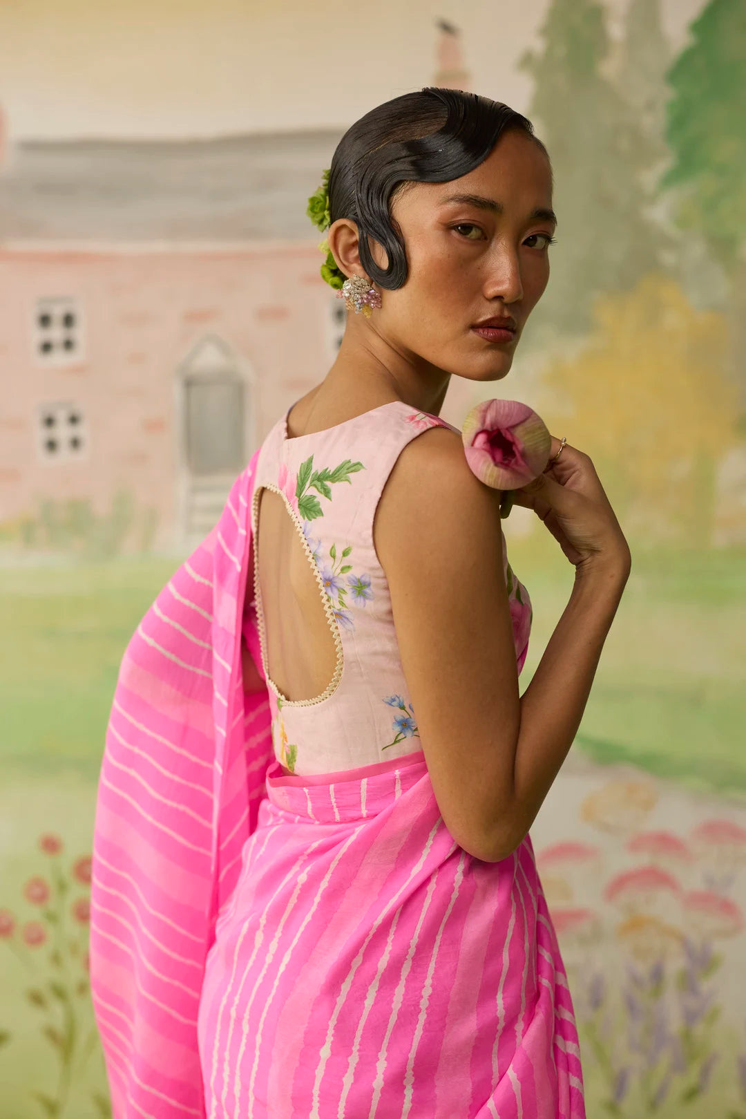 Blush Habutai Silk Lehriya Mothra Sari