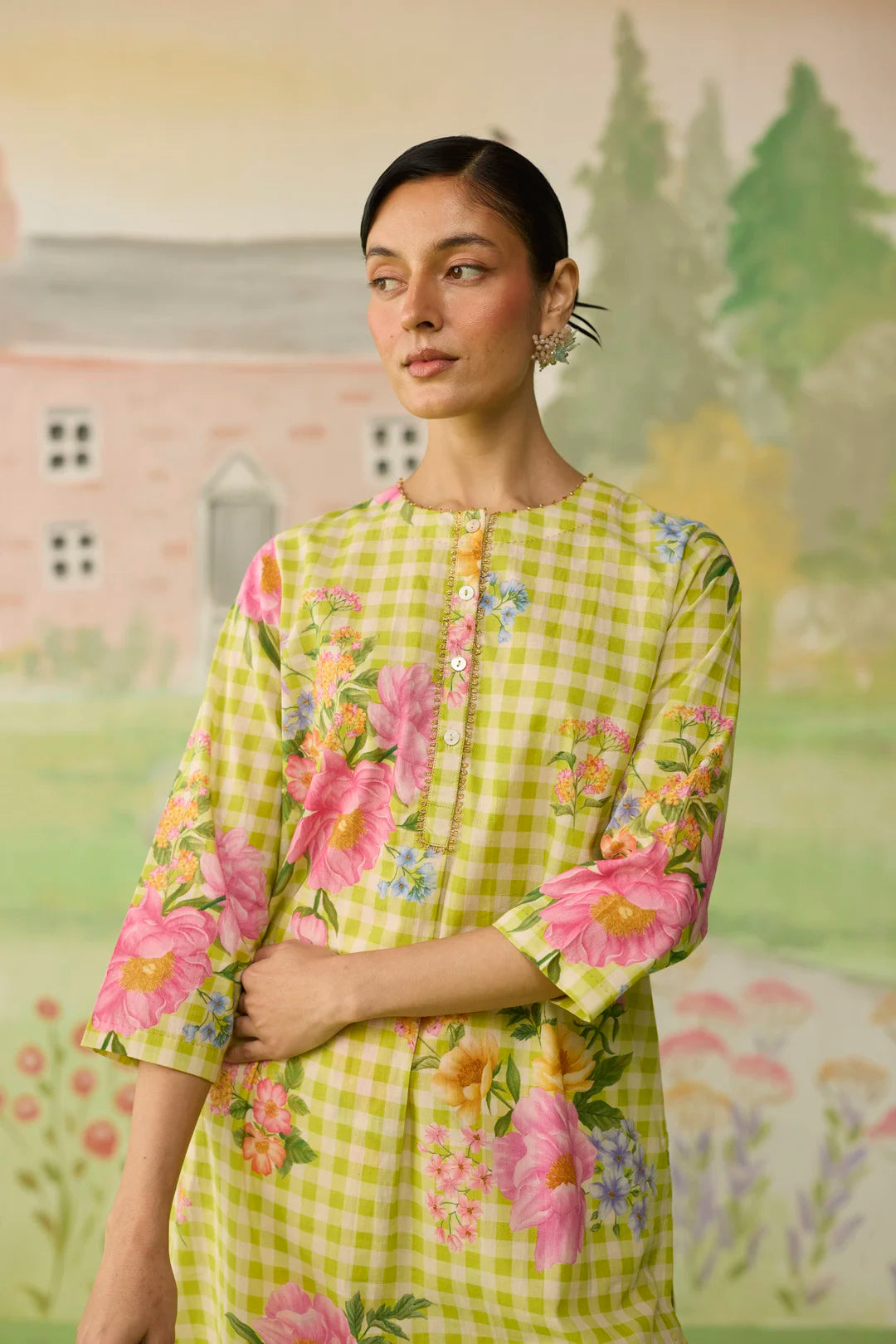 Lime Green Peony Mid Kurta Set