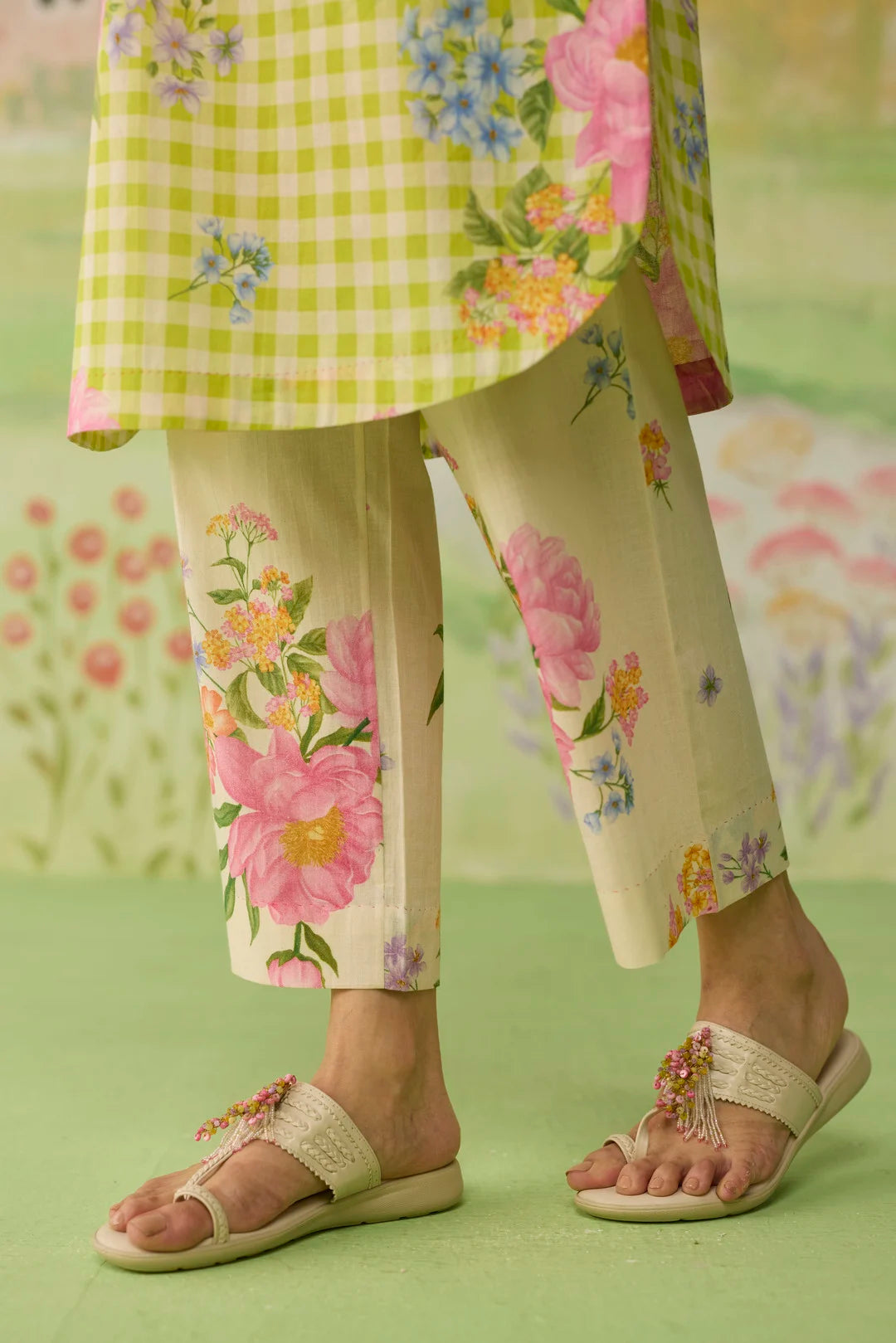 Lime Green Peony Mid Kurta Set