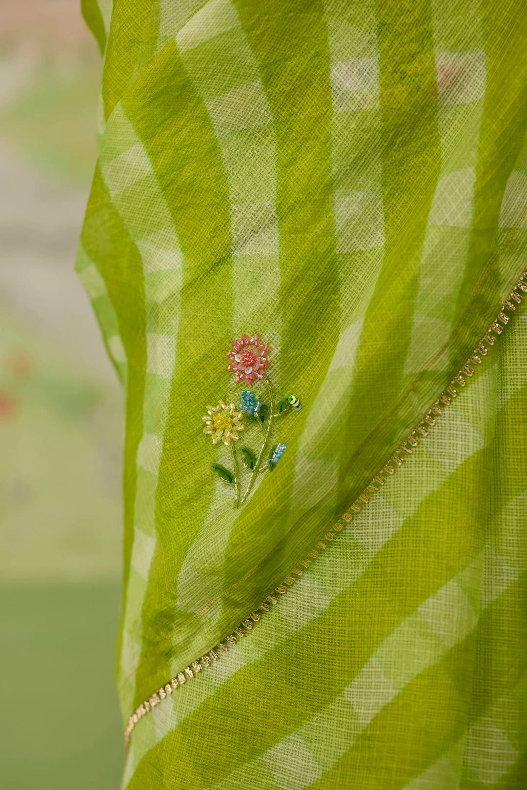 Trellis Green Kota Doria Silk Lehriya Mothra Sari