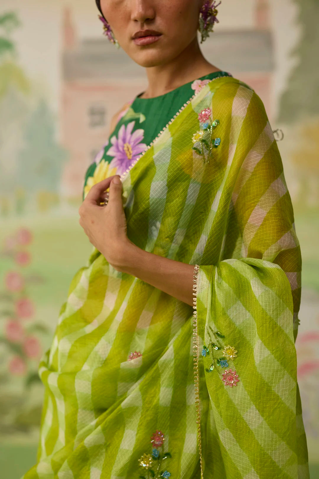 Trellis Green Kota Doria Silk Lehriya Mothra Sari