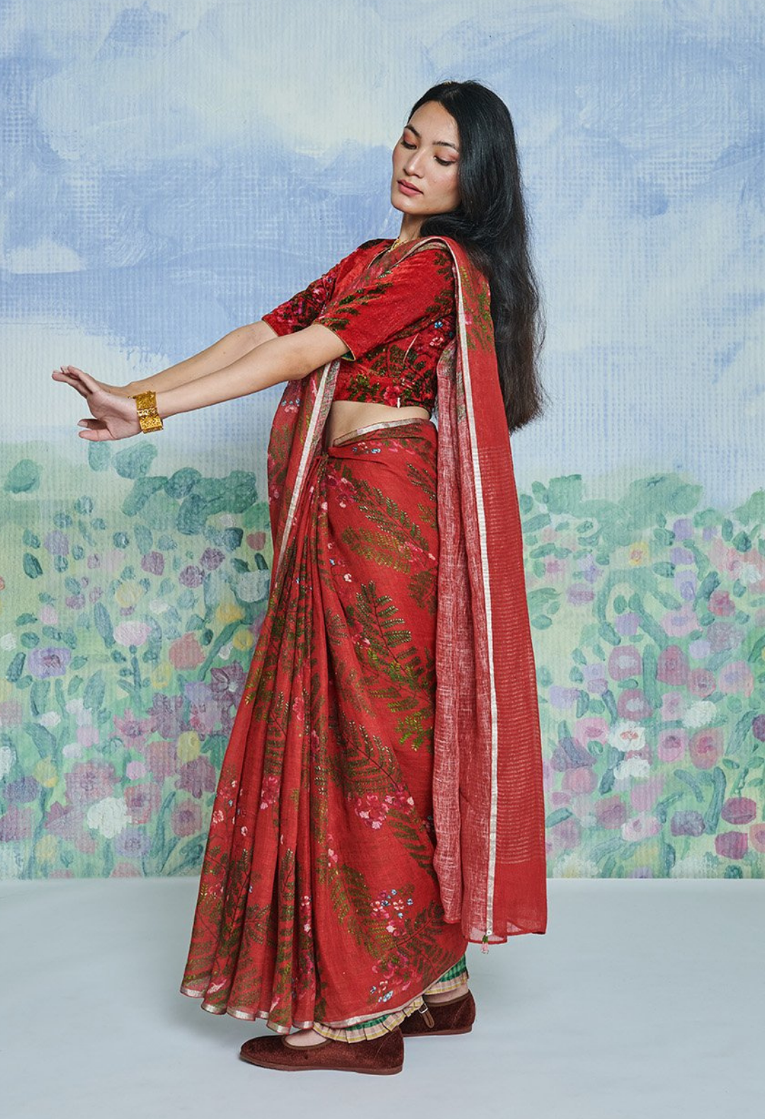 Handwoven Red Linen Sari with Silver Border