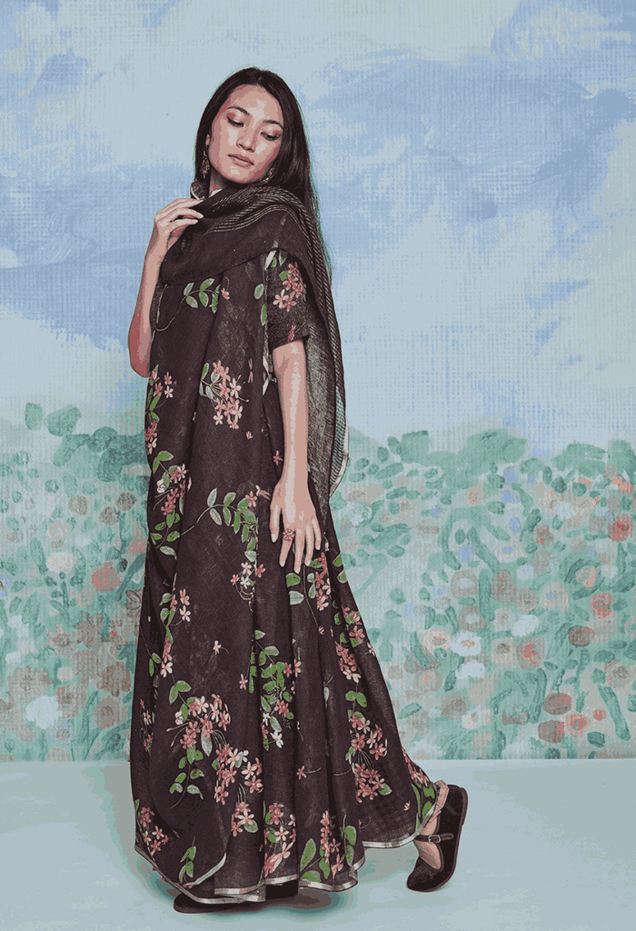 Rangoon Creeper Wine Linen Sari