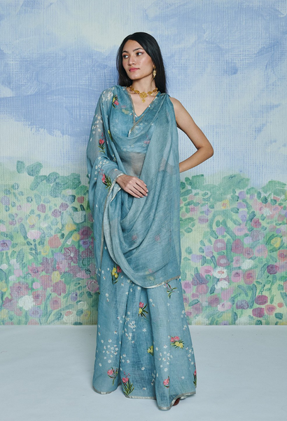 Parijaat Blue Linen Sari