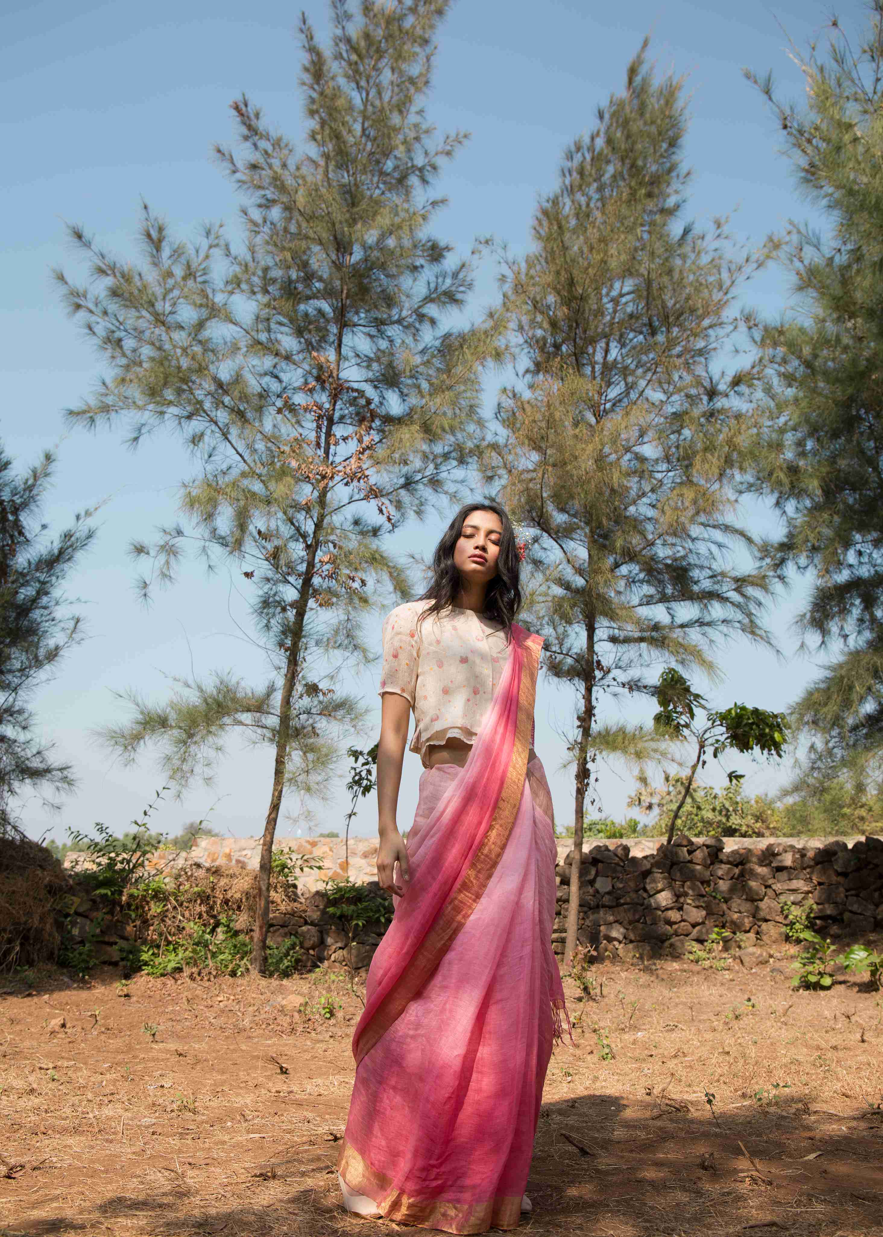 Pink Ombre Linen Sari