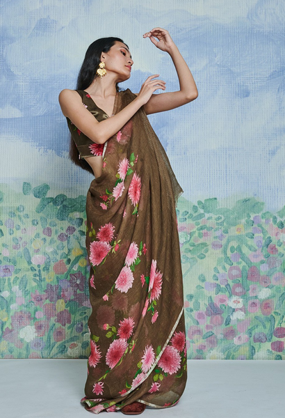 Dahlia Khaki Linen Sari