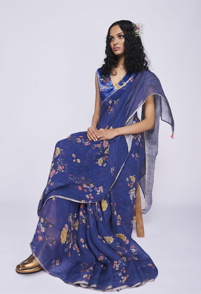 Blue Bouquet Linen Sari