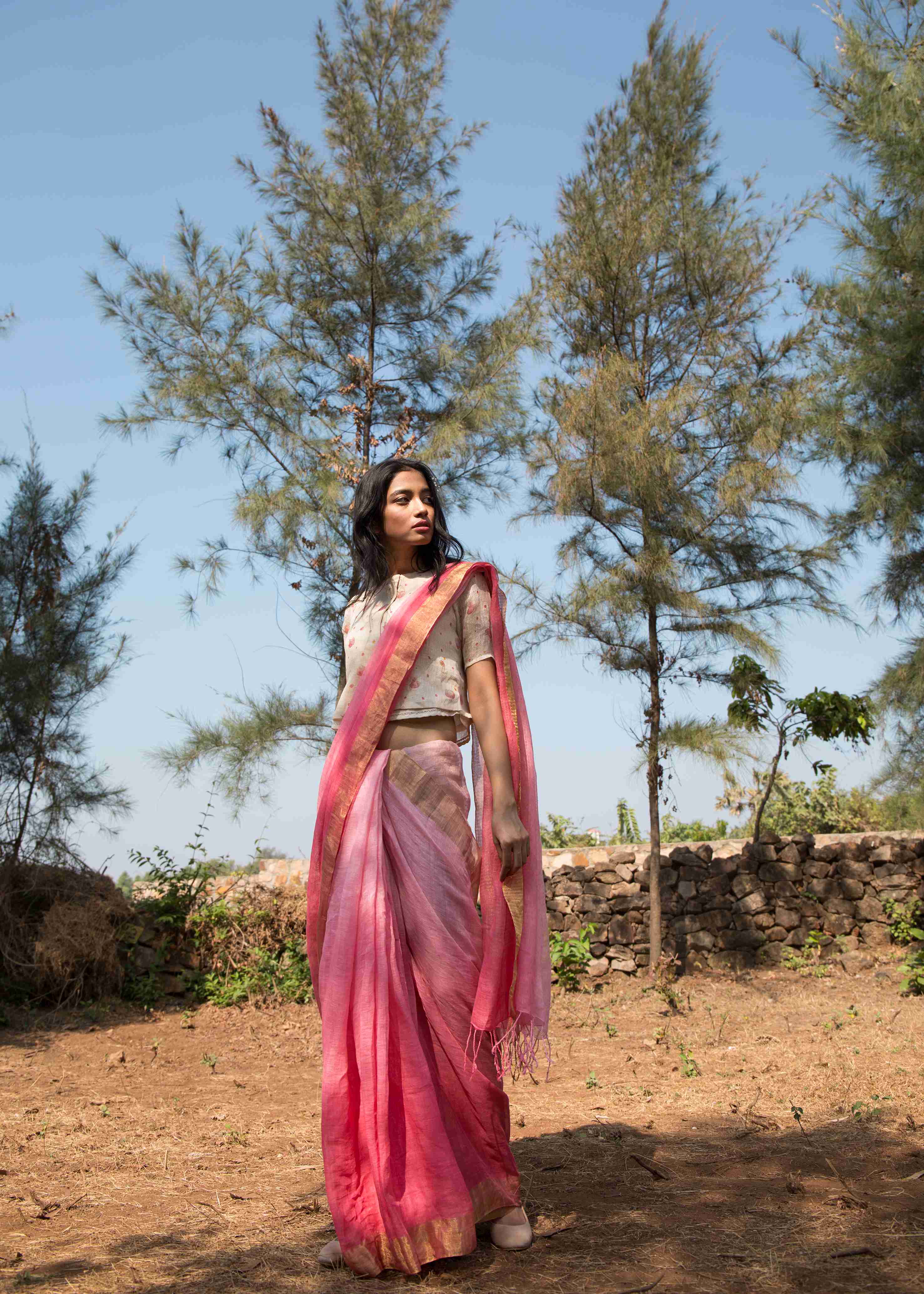 Pink Ombre Linen Sari