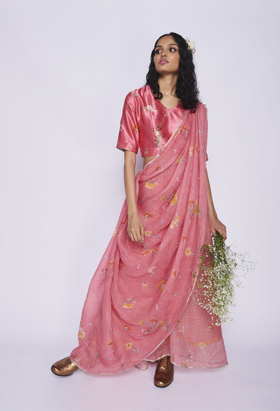 Pink Carnation Linen Sari