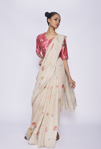 Handwoven Linen Sari with Silver Border and running blouse pcs.