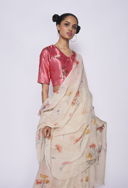 Nadiya Paar - Beige Carnation Linen Sari