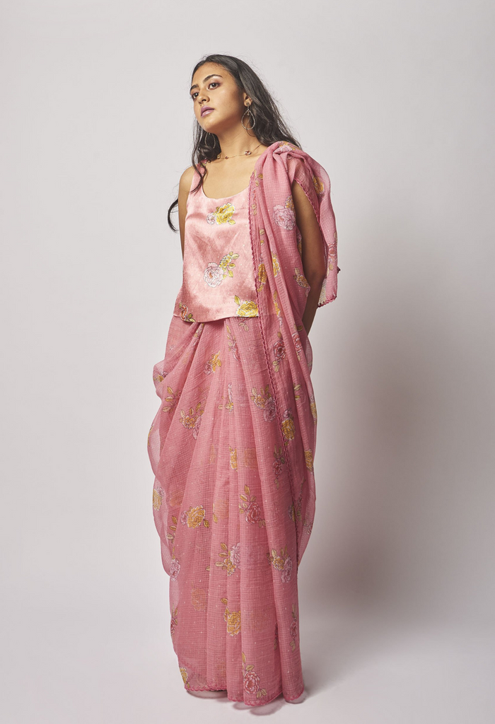 Pink Rosette Kota Silk Sari