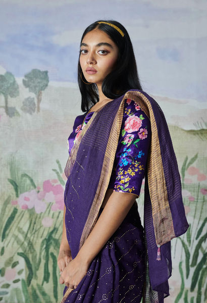 Handwoven Linen Purple Sari with Silk Core Zari Border