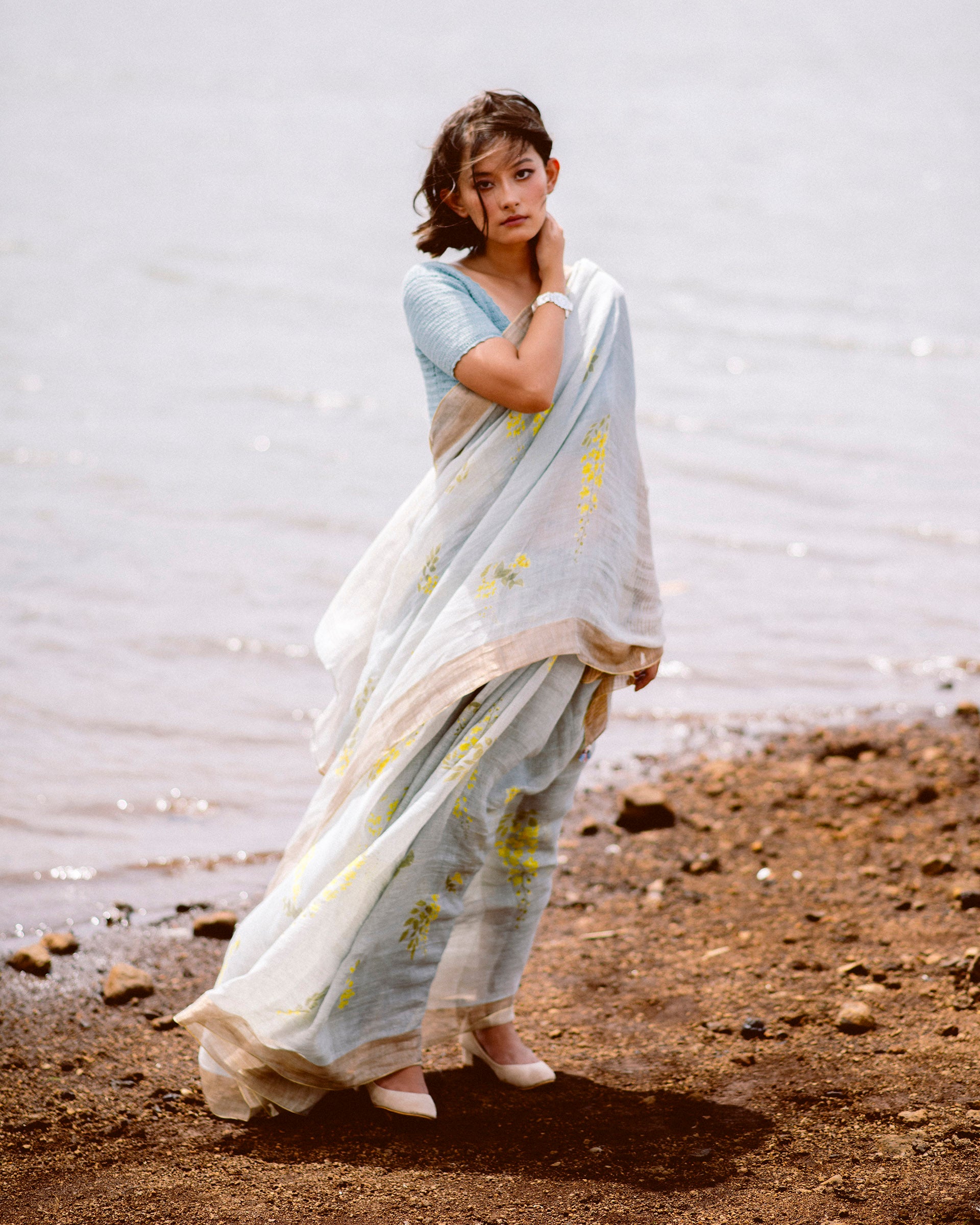 Handwoven Linen Sari with Gold Border