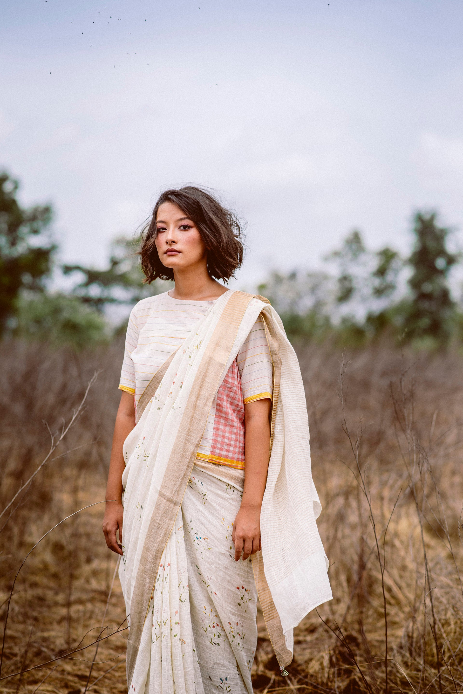 Linen Sari with Silk Core Zari Border