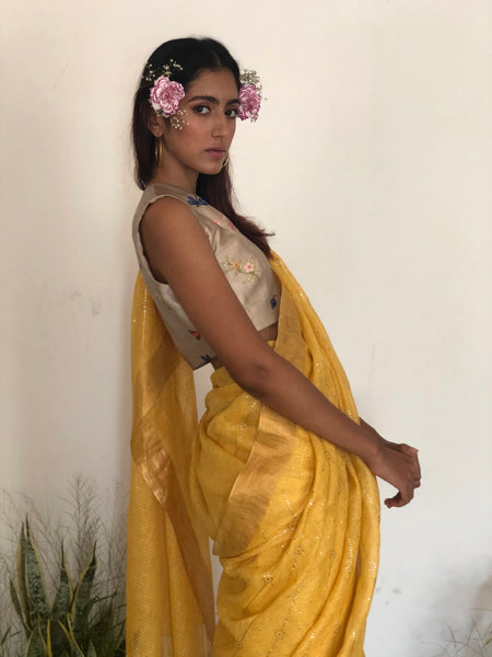 Mustard Patti Linen Sari
