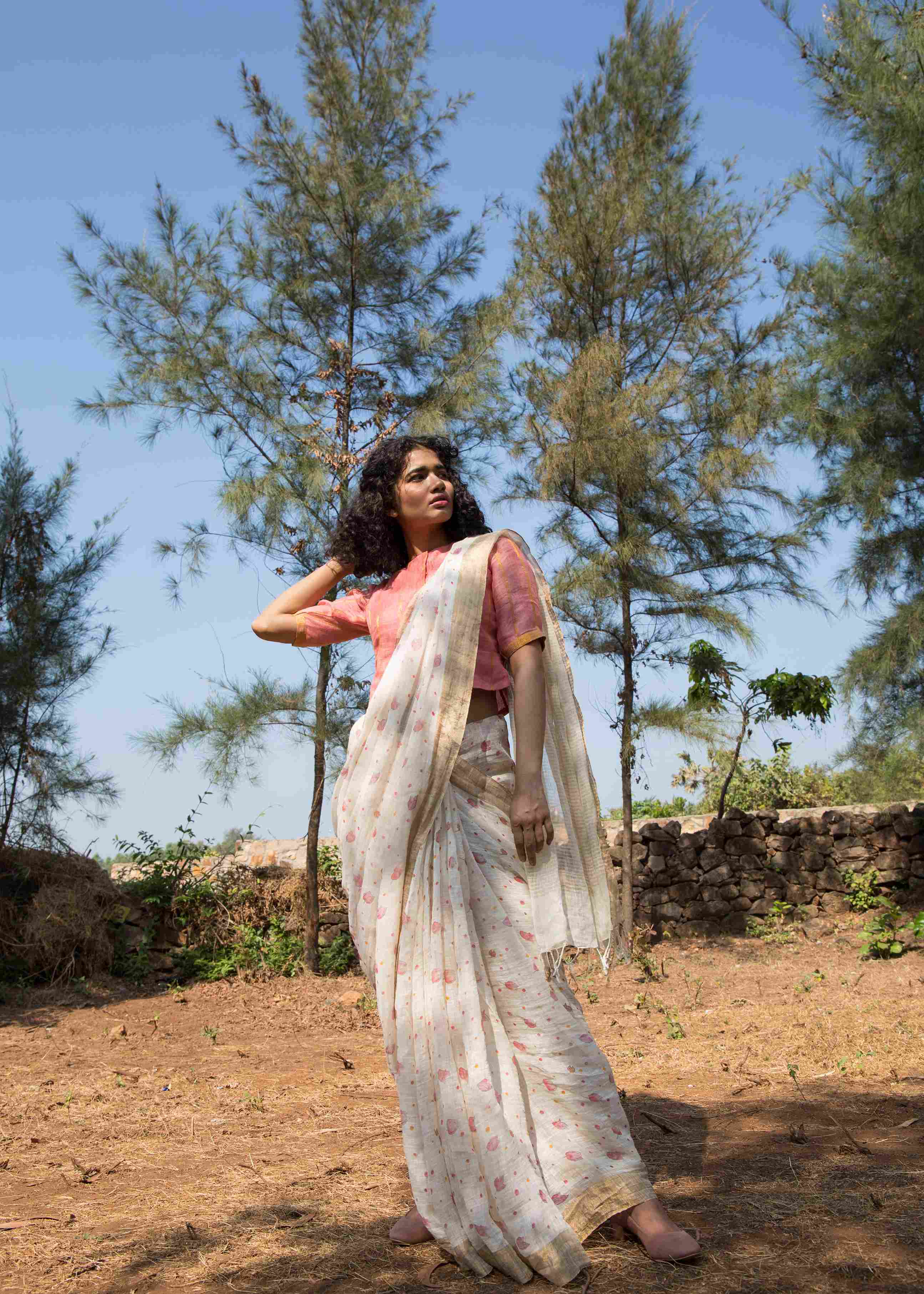 Bougainvillea Dots Linen Sari