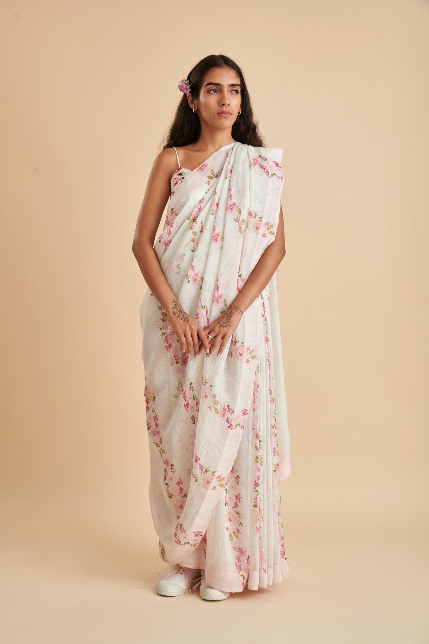 Floral Stripe Silk Linen Sari